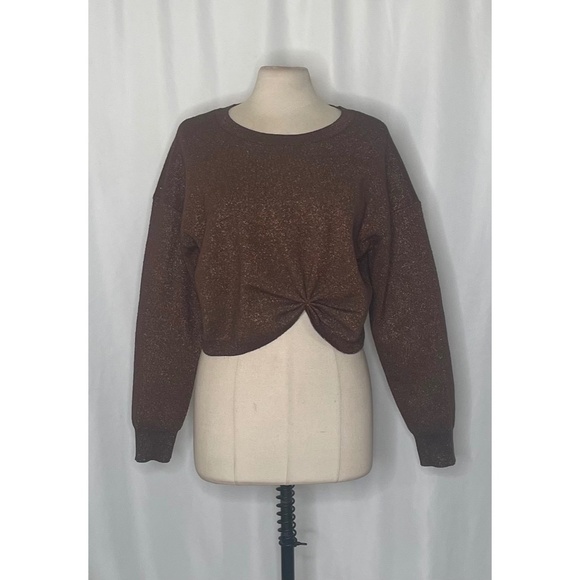ANTHROPOLOGIE Gemini Metallic Shimmer Sweater Cropped Twist Front Knitwear Large - Picture 3 of 12